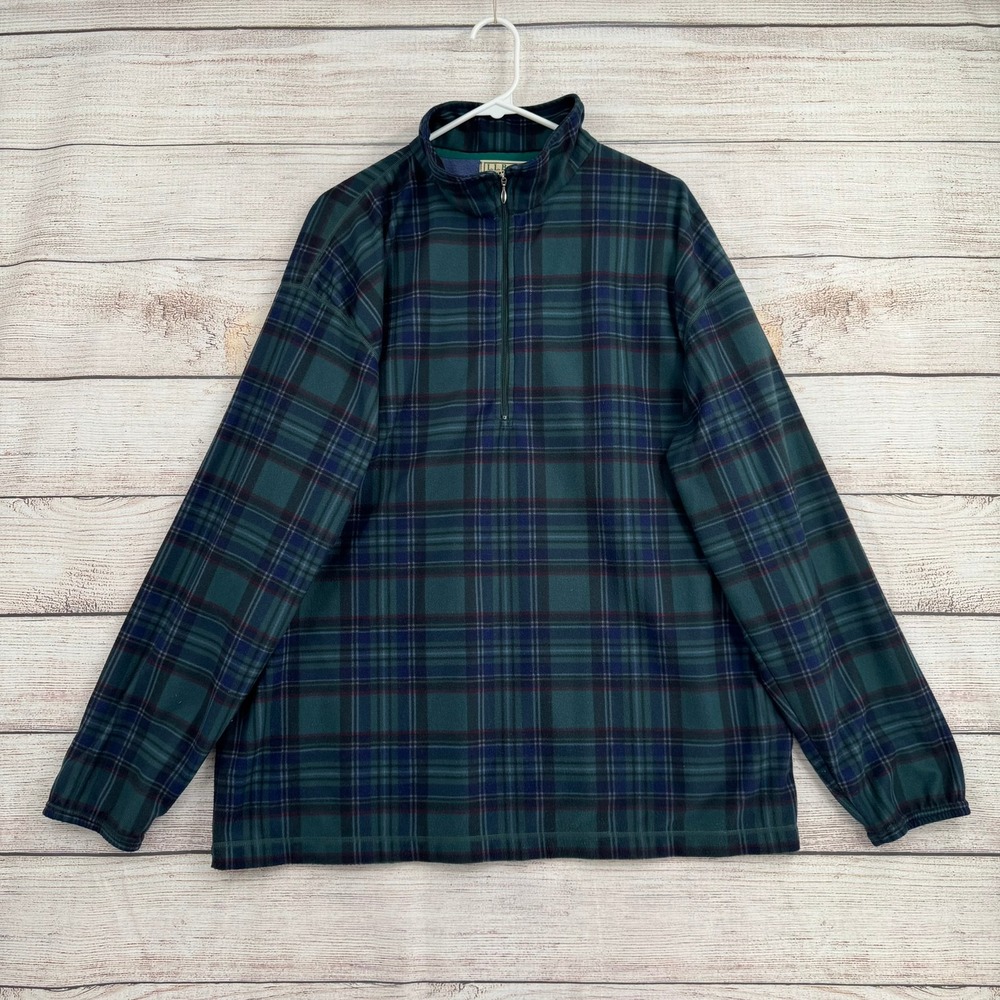 Vintage L.L. Bean Fleece Pullover Mens XXL Green Plaid 1/4 Zip USA Made